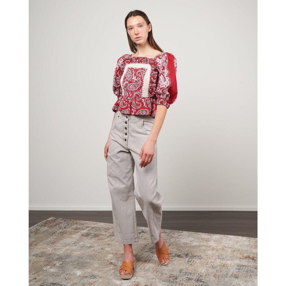 SEA Theodora Red Paisley Bandanna Print Tie Back Puff Sleeve Top Size Large
